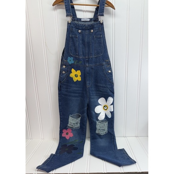 Women's Distressed Denim Overalls Floral Hand Painted Print Retro Y2K Sz Small - Picture 3 of 15